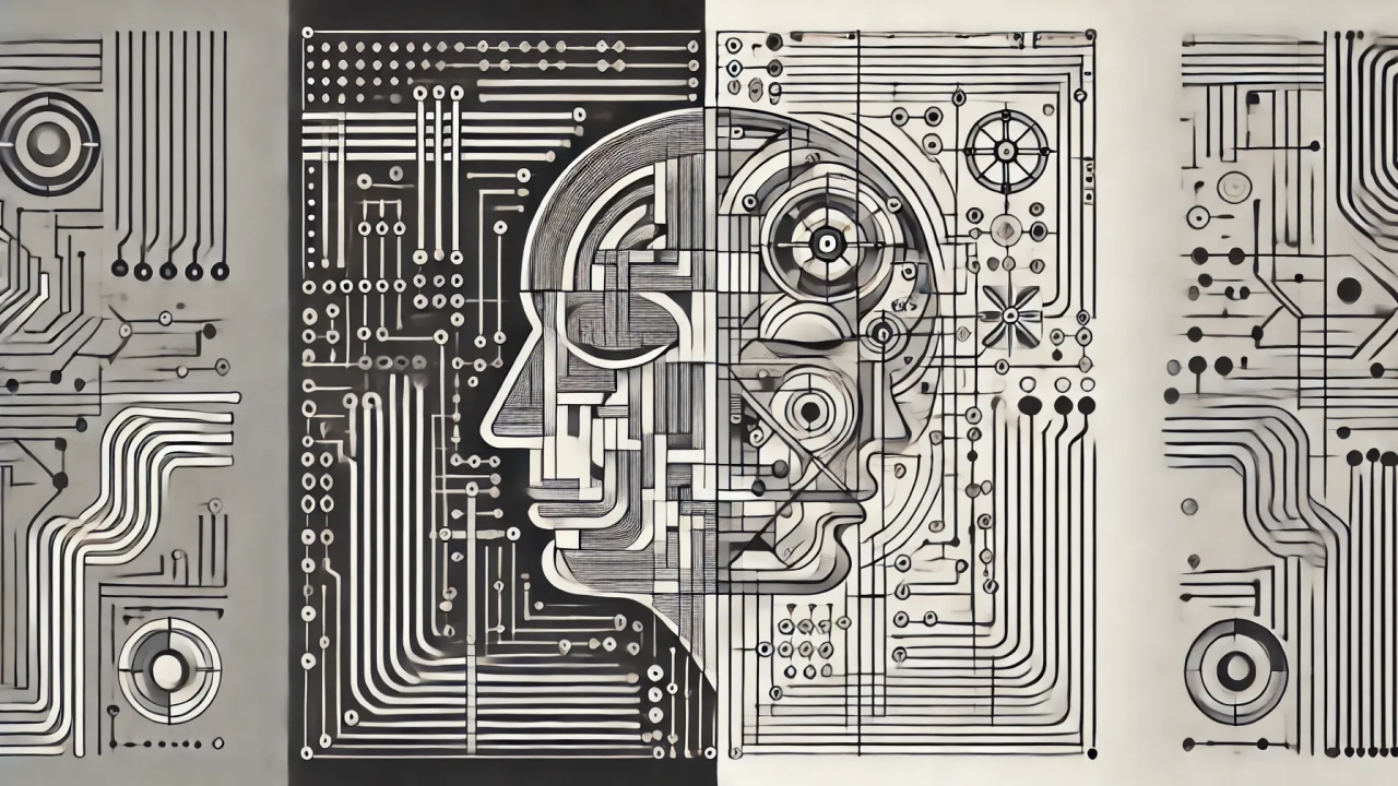 A human profile drawn from circuit traces and gears