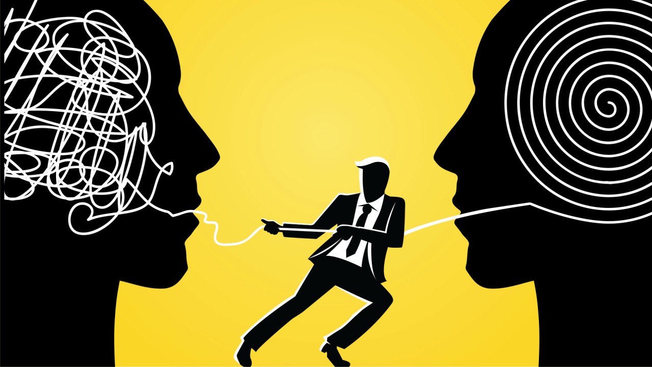 Two facing silhouettes, one mind a tangle, the other a clean spiral