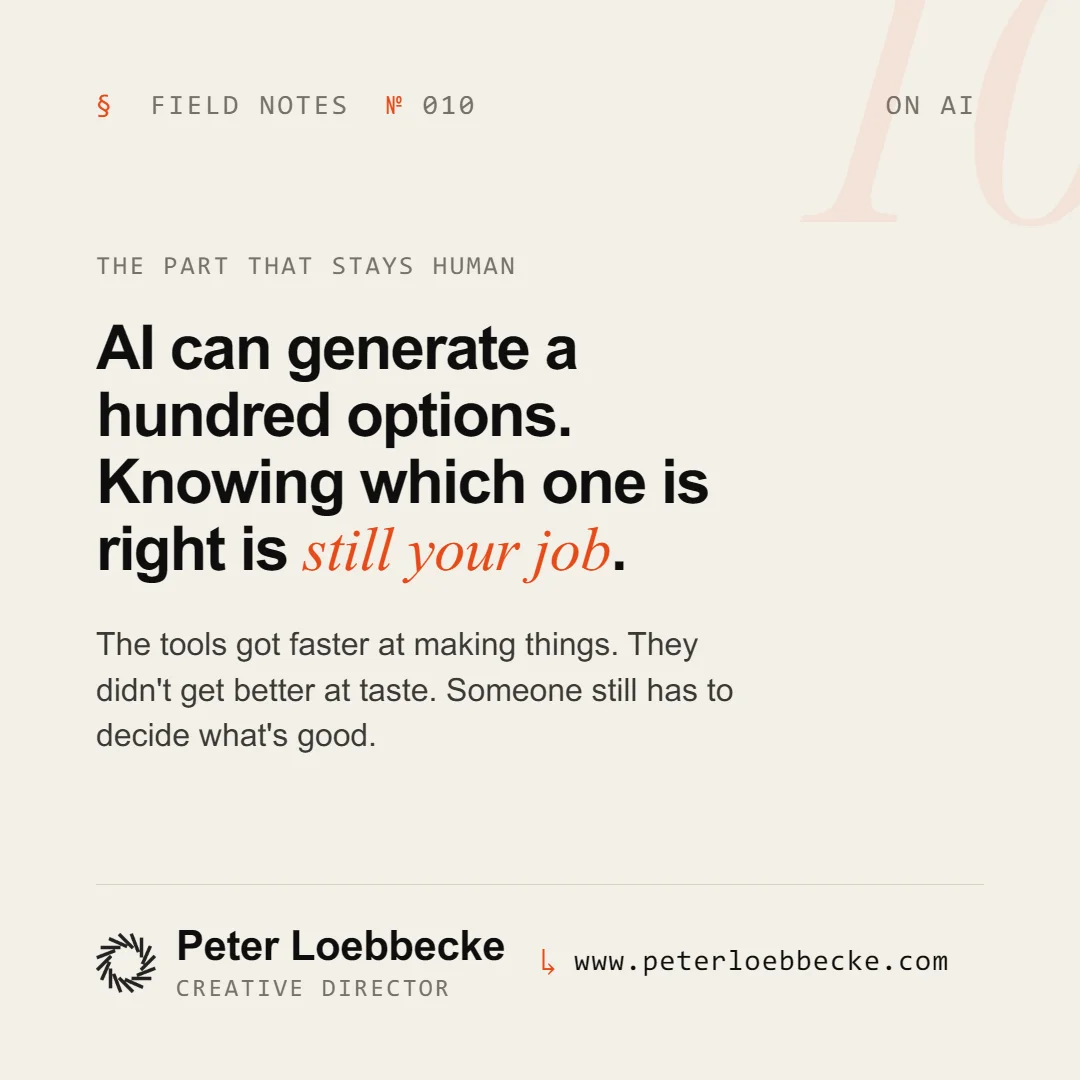 Field Notes Nº 010, on AI. AI can generate a hundred options. Knowing which one is right is still your job.