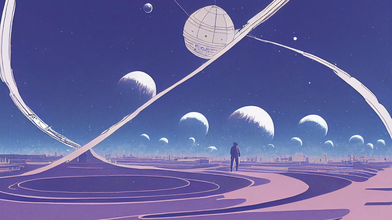 A lone figure on a vast plain under ringed planets