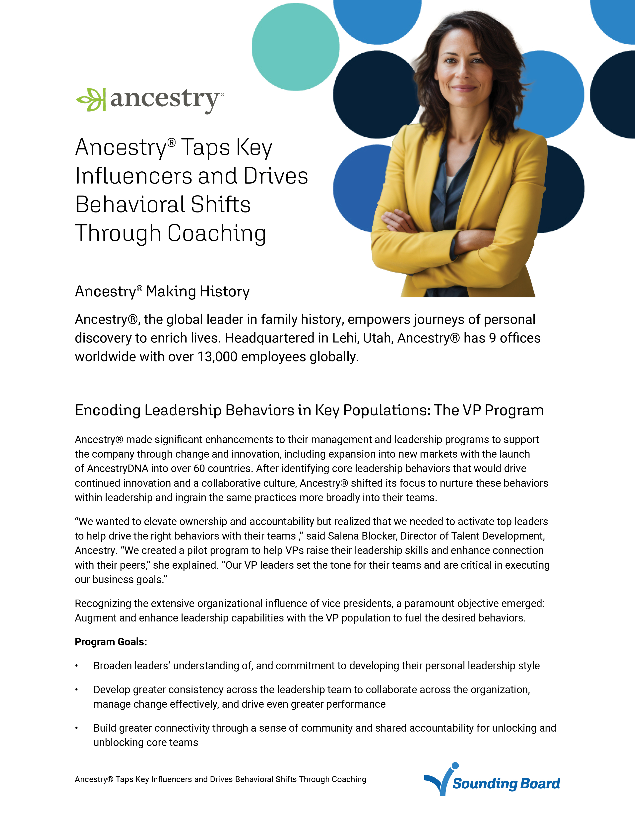 Page one — Ancestry logo and a portrait of a leader in a yellow blazer against a field of colored dots, the company background, and the VP program thesis with its goals