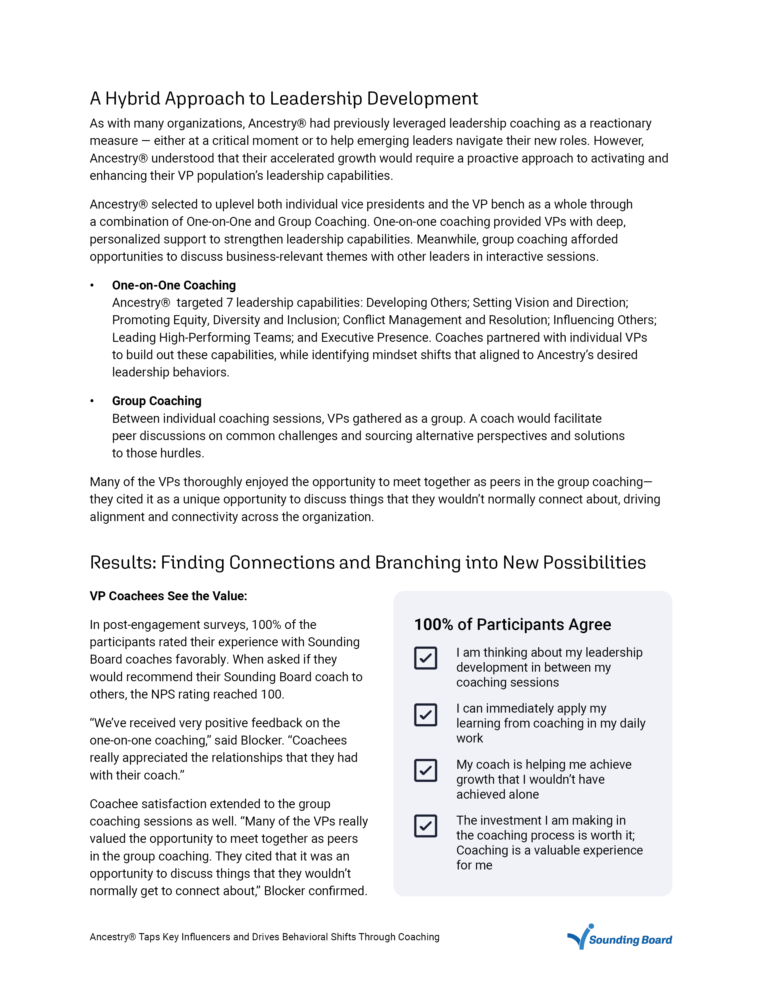 Page two — A Hybrid Approach to Leadership Development, the one-on-one and group coaching model, and a results panel where 100% of participants agree