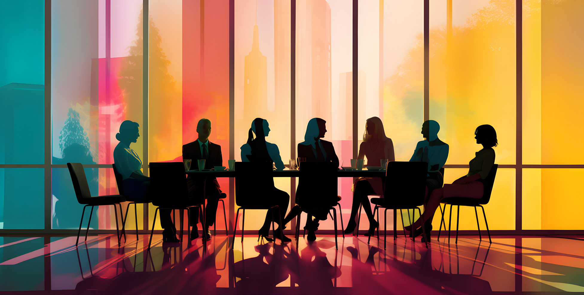 Vivid silhouette boardroom illustration
