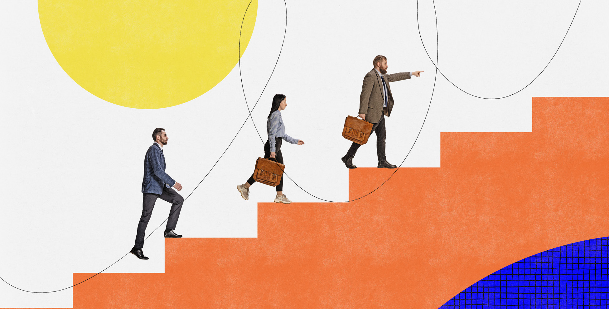 Collage illustration: leaders climbing stairs — Big Leaps
