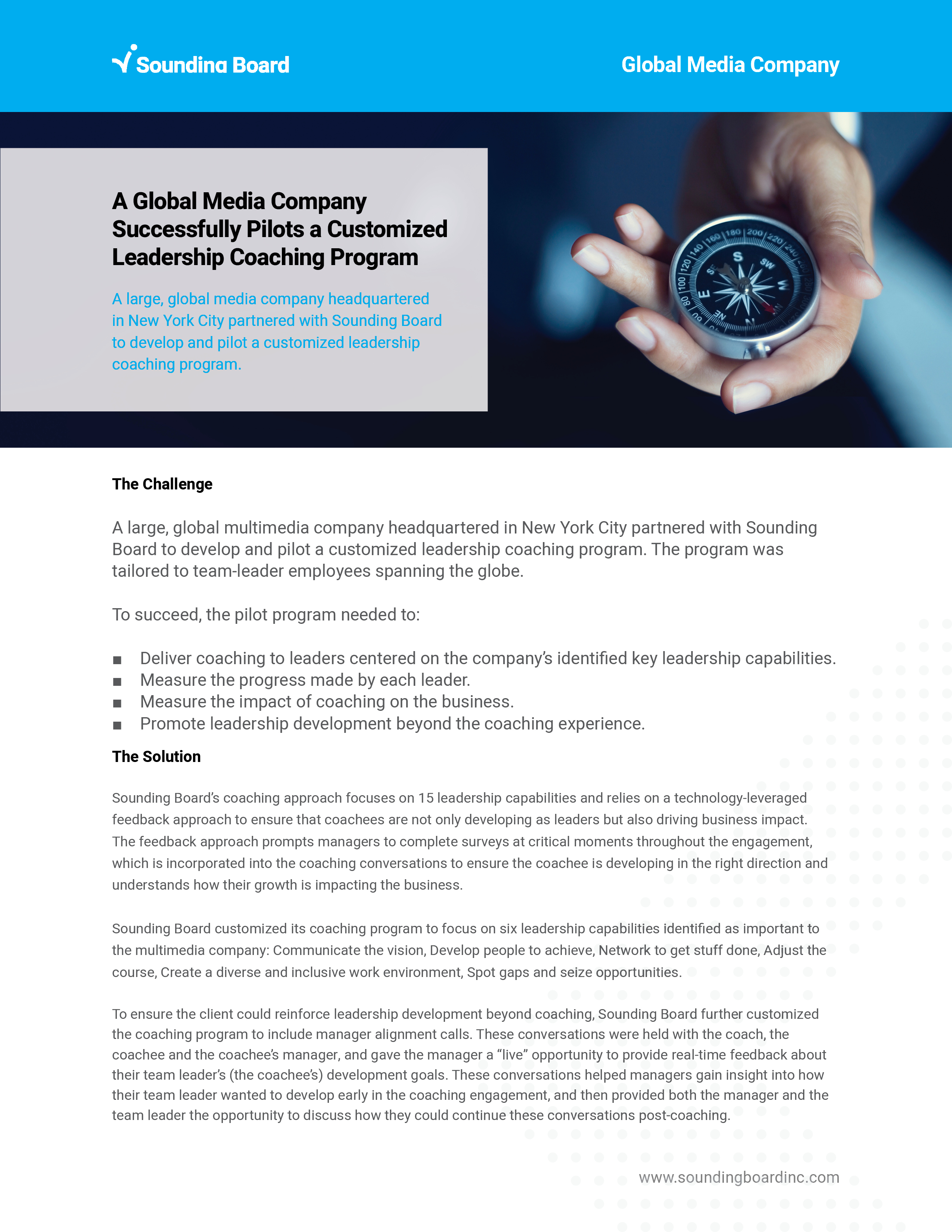 Page one — blue header reading Global Media Company over a hand holding a compass, then The Challenge with the pilot goals and The Solution describing the coaching approach