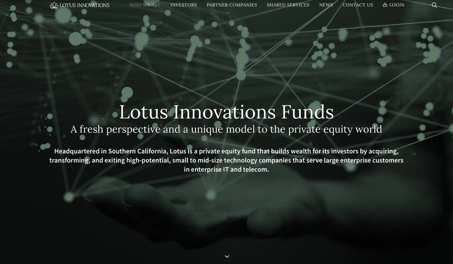 Lotus Innovations Who We Are page over a network-and-hand image