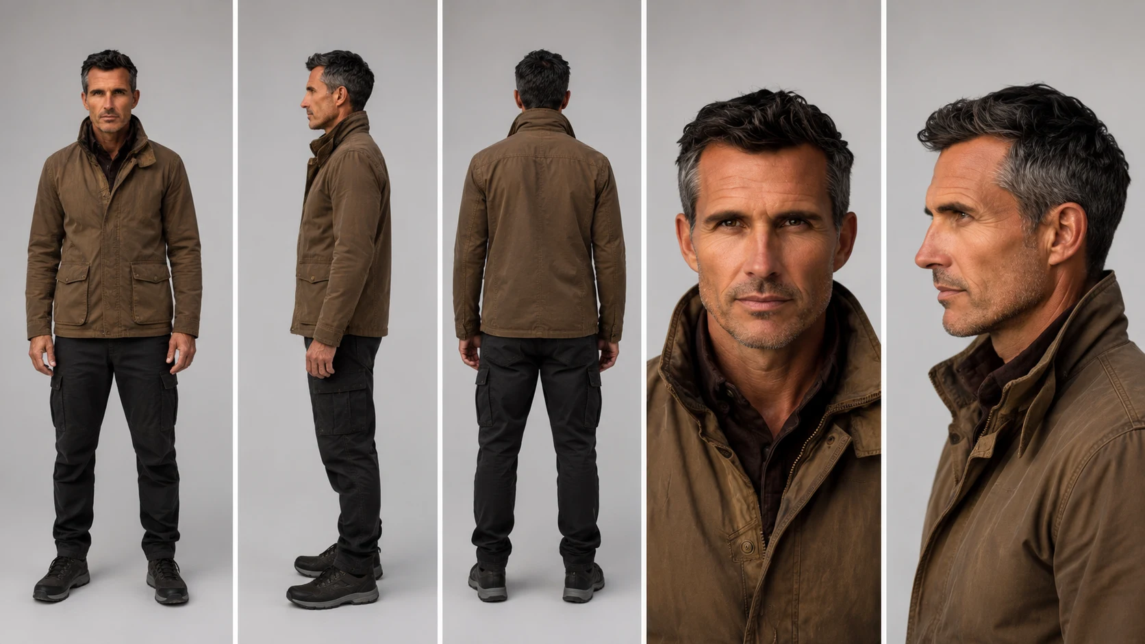 Character reference sheet: front, profile, and back views plus two portraits of the lead