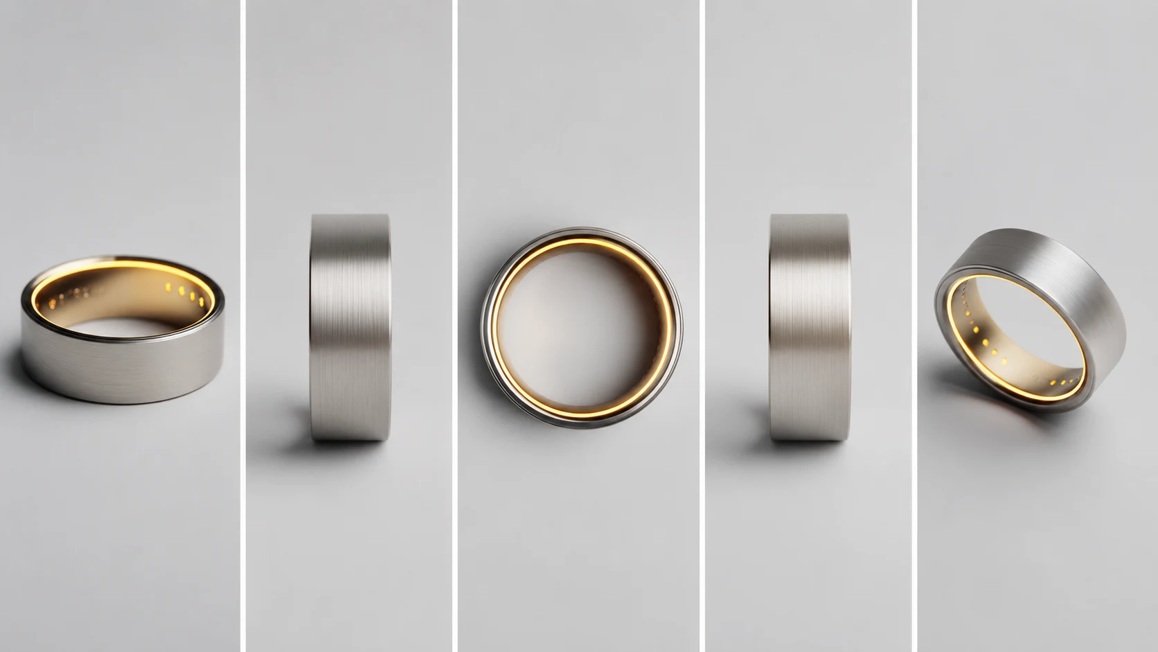Lumen ring turnaround: five angles showing the band, the inner sensor array, and the gold interior