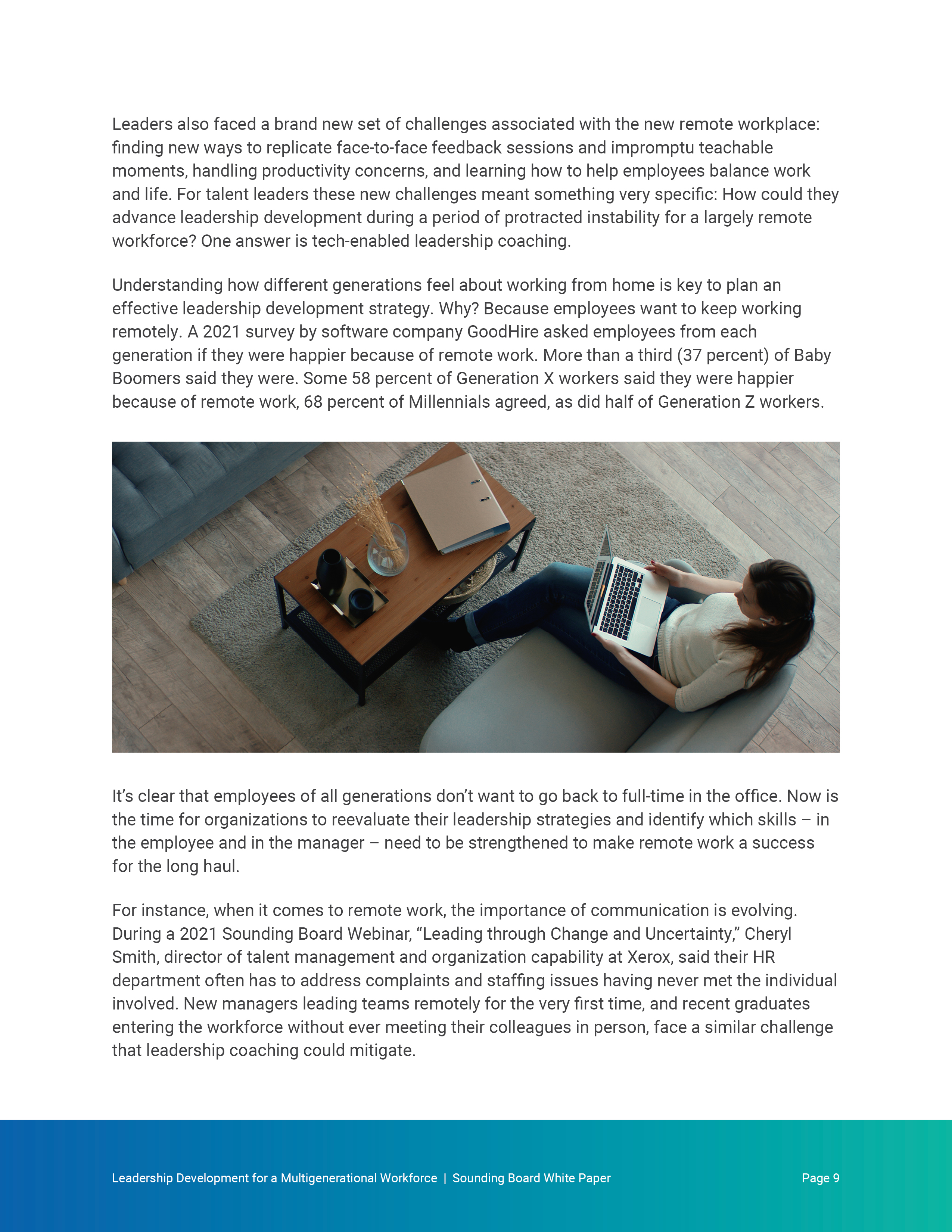 Page 9 — remote-work chapter with overhead laptop photo