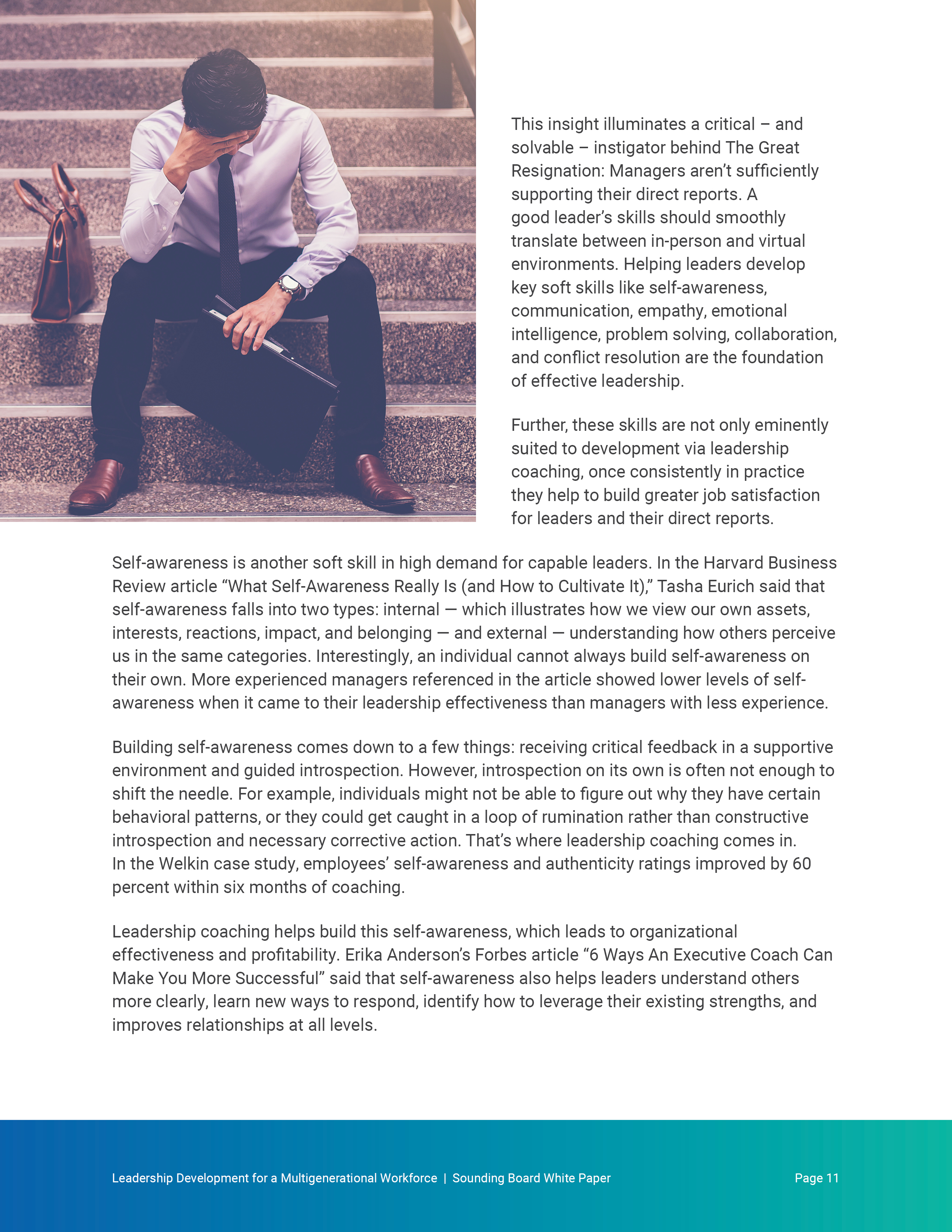 Page 11 — a manager head-in-hands on a stairwell, beside the self-awareness copy