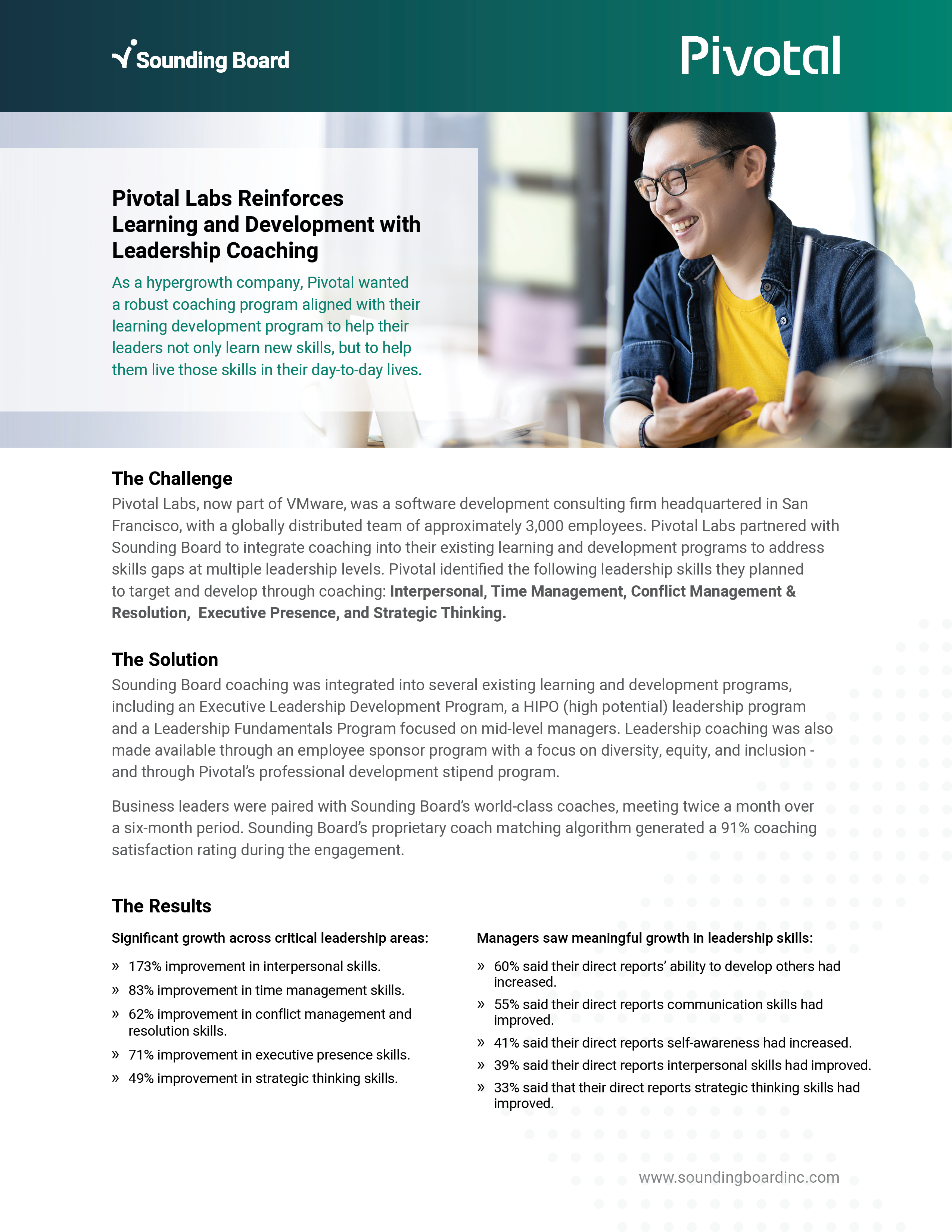 Page one — green gradient header, candid cover photo, and The Challenge, The Solution, and The Results sections with two columns of leadership-skill gains