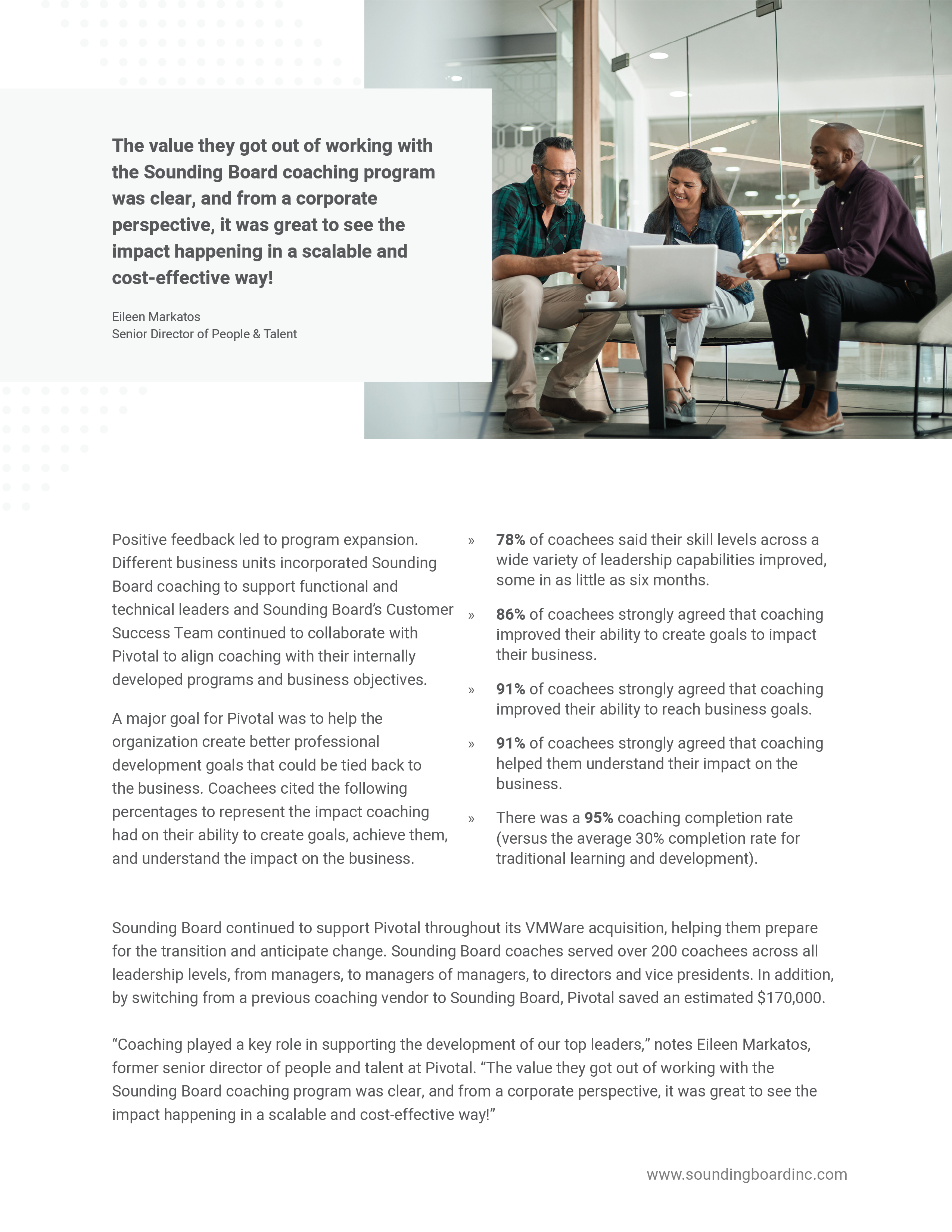Page two — a pulled testimonial from Eileen Markatos beside a meeting photo, then program-expansion copy and a column of coachee-impact percentages
