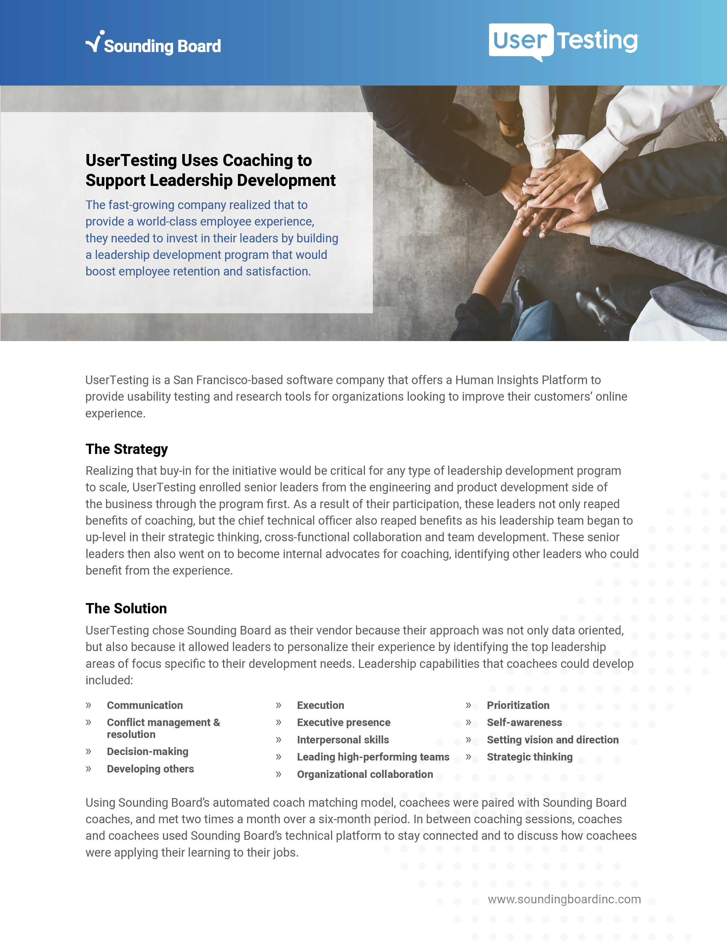 Page one — blue UserTesting and Sounding Board header over an overhead photo of hands stacked together, then the strategy and a three-column list of leadership capabilities in focus