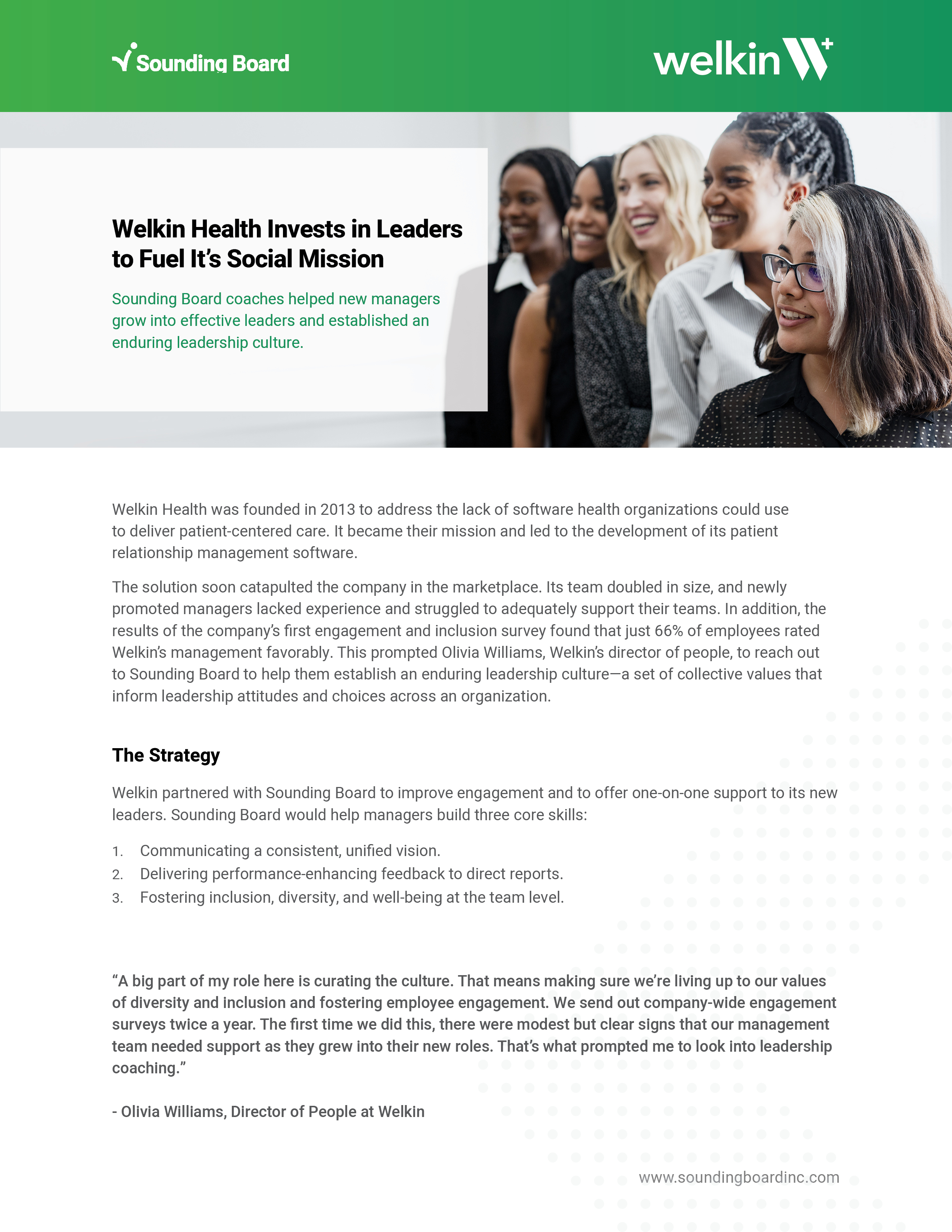 Page one — green Welkin and Sounding Board header over a row of smiling colleagues, the company background, The Strategy with three core skills, and a pull quote from Olivia Williams