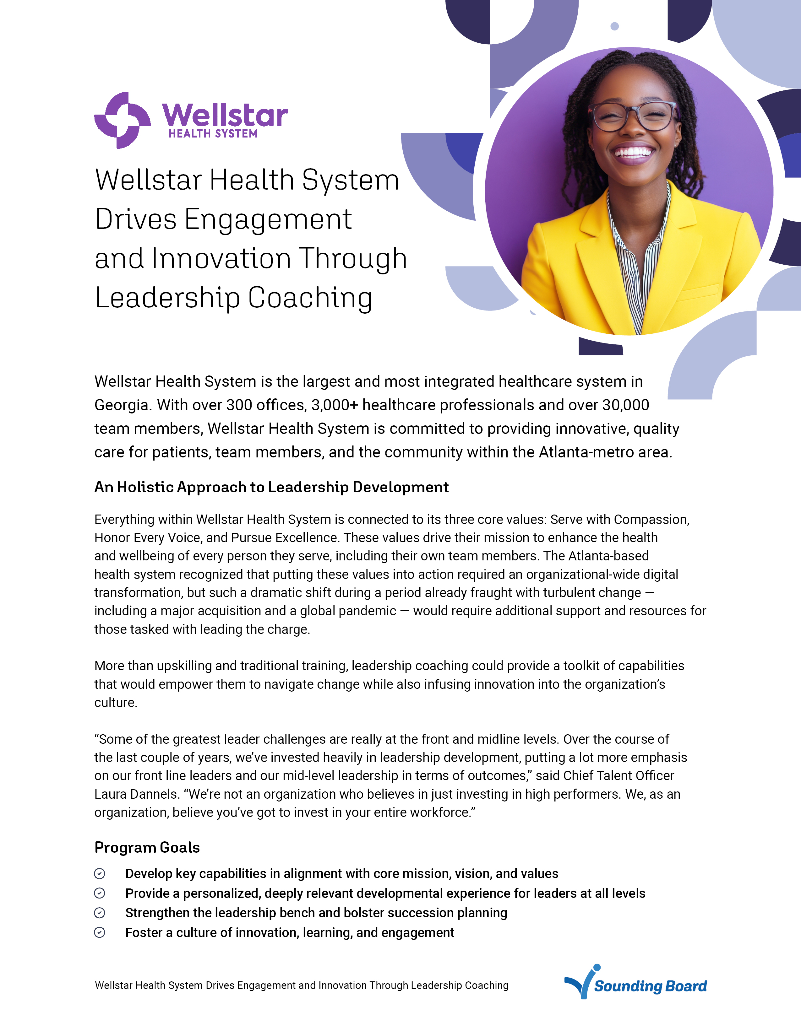 Page one — Wellstar Health System logo and a smiling leader in a yellow blazer inside a purple circle, the company background, and the program goals