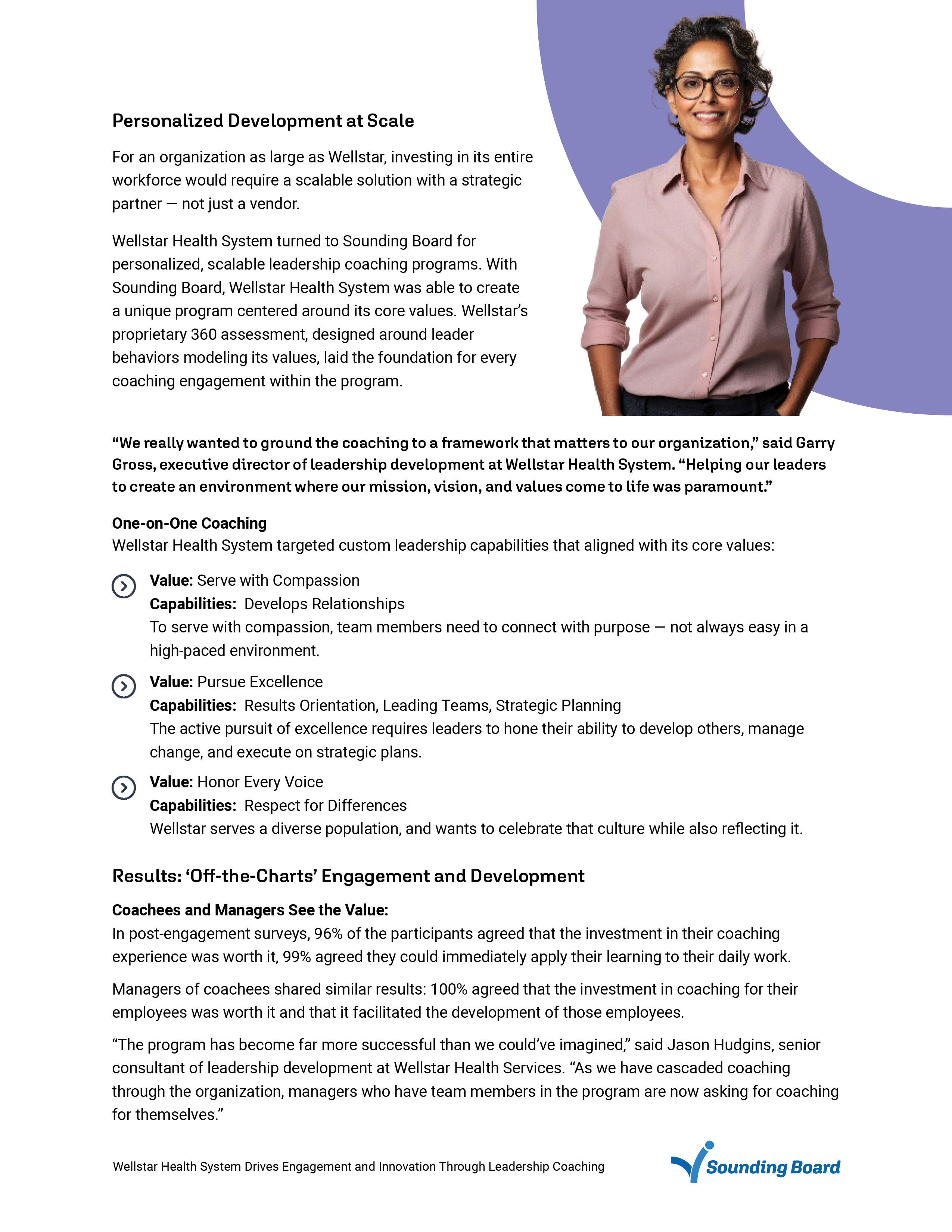 Page two — Personalized Development at Scale with a portrait of a leader, the values-aligned coaching capabilities, and the opening of the results section