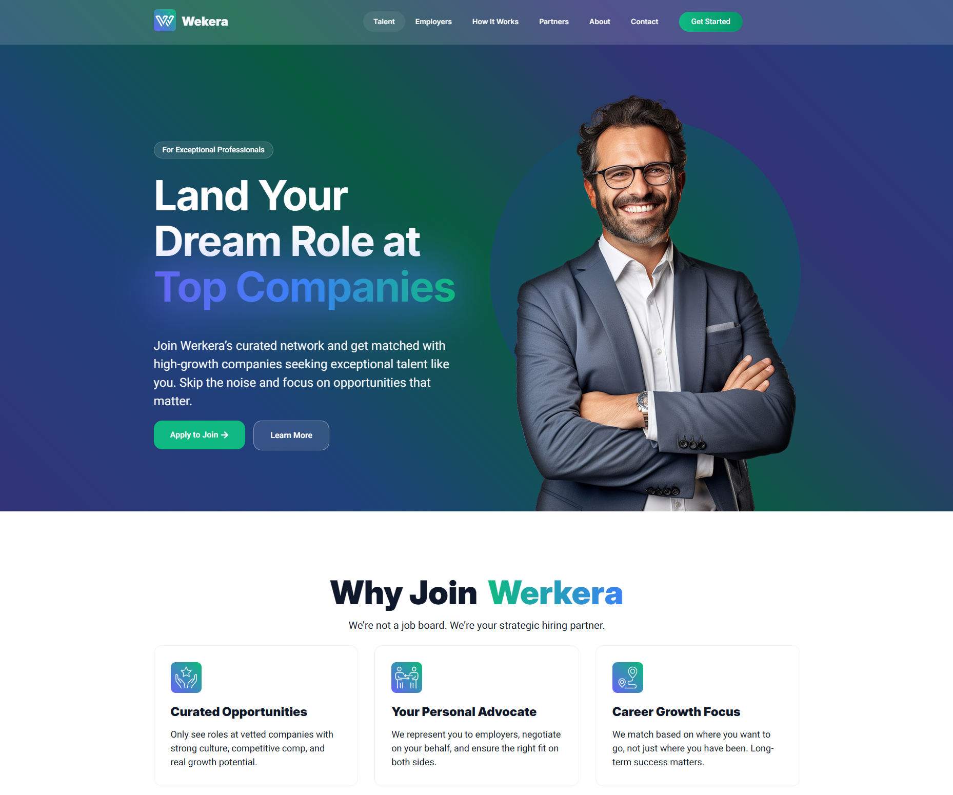 Werkera Talent page — Land Your Dream Role at Top Companies, Why Join Werkera