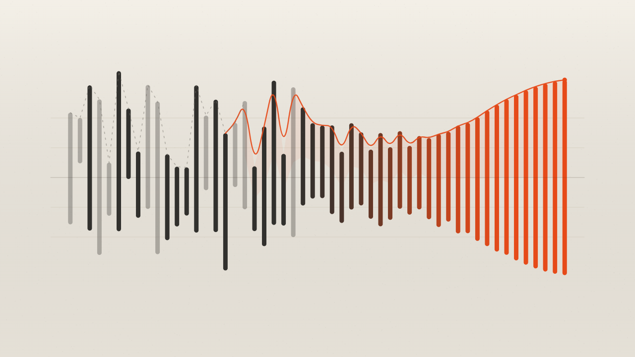 A waveform graphic resolving from chaotic dark bars into an ordered accent wave